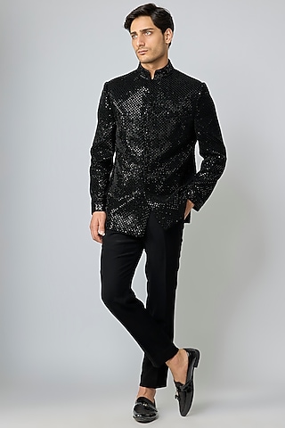 Black Velvet Cutdana Handwork Kurta Set by Nero By Shaifali & Satya