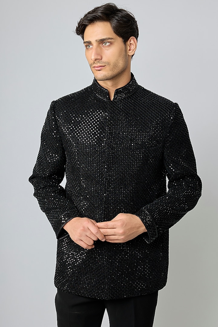 Black Velvet Cutdana Handwork Kurta Set by Nero By Shaifali & Satya at Pernia's Pop Up Shop