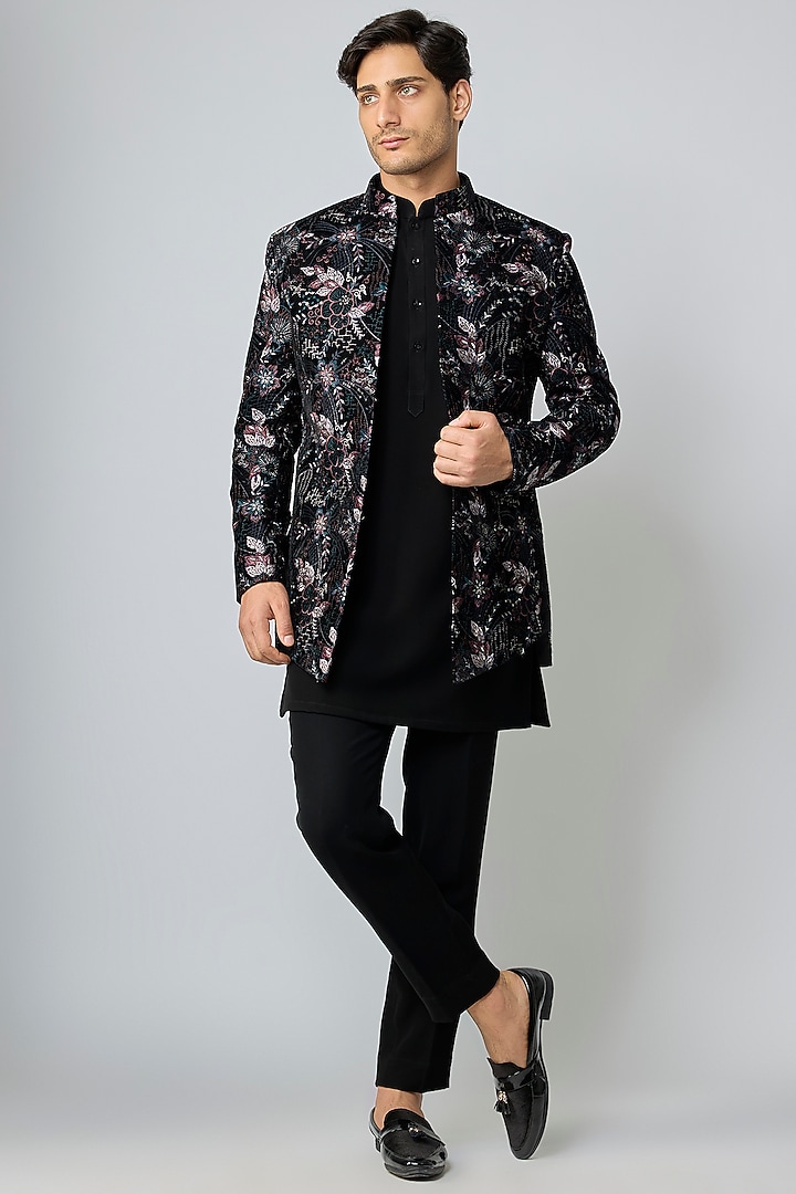 Black Velvet Threadwork Open Jacket Set by Nero By Shaifali & Satya at Pernia's Pop Up Shop