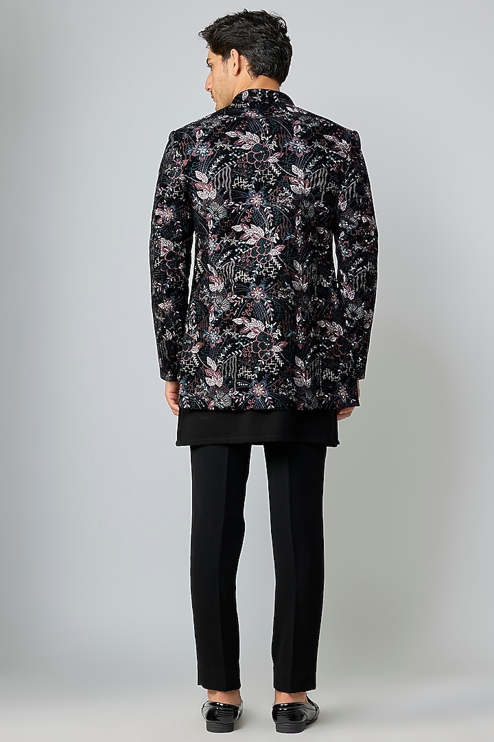 Black Velvet Threadwork Open Jacket Set by Nero By Shaifali & Satya at Pernia's Pop Up Shop