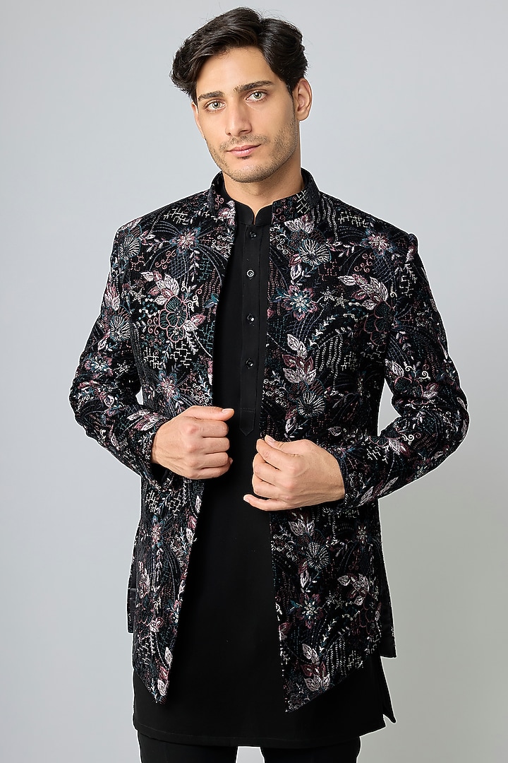 Black Velvet Threadwork Open Jacket Set by Nero By Shaifali & Satya at Pernia's Pop Up Shop
