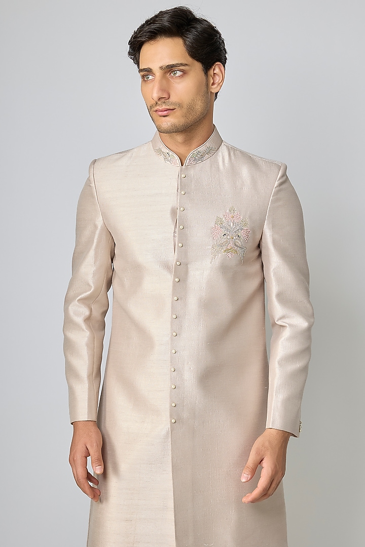 Pink Silk Hand & Machine Embroidered Wedding Indowestern Set by Nero By Shaifali & Satya at Pernia's Pop Up Shop