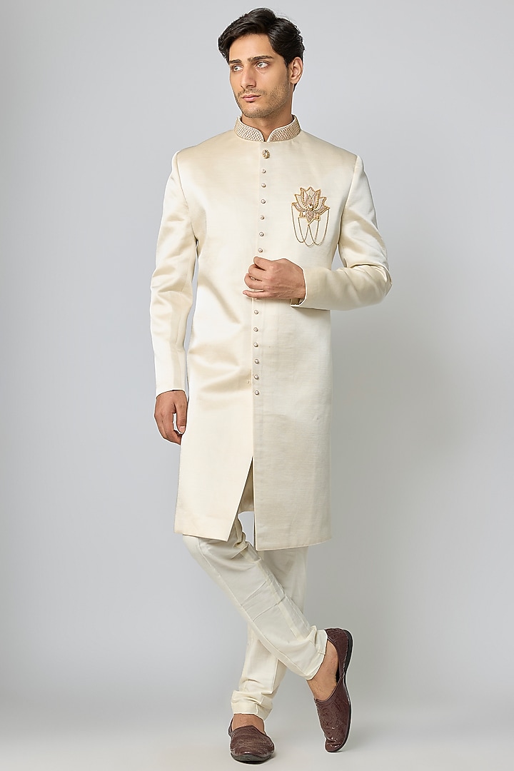 Ivory Tissue Silk Pearl Embroidered Wedding Indowestern Set by Nero By Shaifali & Satya at Pernia's Pop Up Shop
