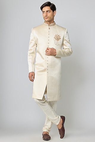 Ivory Tissue Silk Pearl Embroidered Indowestern Set by Nero By Shaifali & Satya