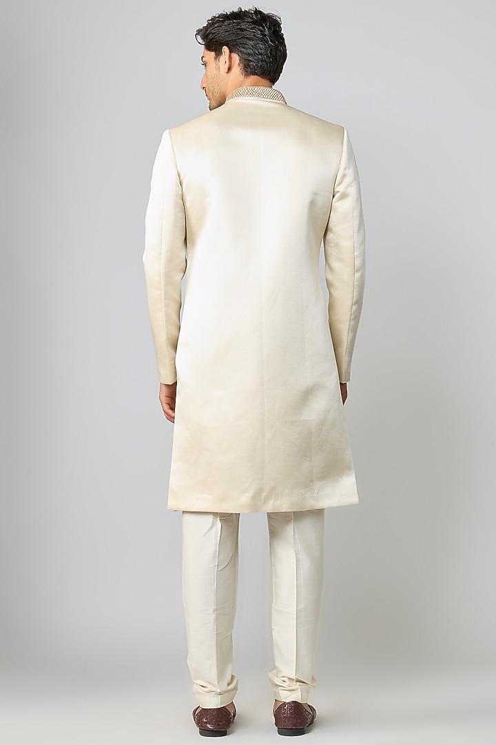 Ivory Tissue Silk Pearl Embroidered Wedding Indowestern Set by Nero By Shaifali & Satya at Pernia's Pop Up Shop