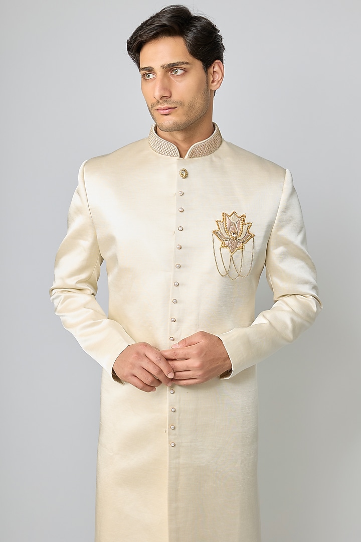 Ivory Tissue Silk Pearl Embroidered Wedding Indowestern Set by Nero By Shaifali & Satya at Pernia's Pop Up Shop