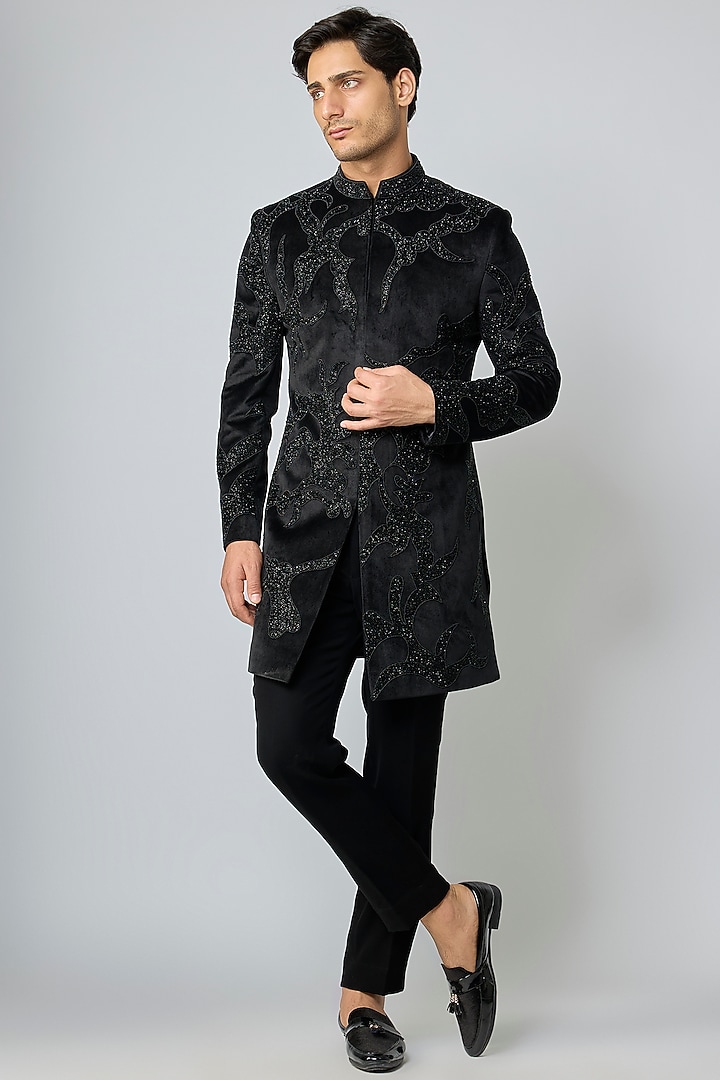 Black Suede Cutdana Embroidered Wedding Indowestern Set by Nero By Shaifali & Satya at Pernia's Pop Up Shop