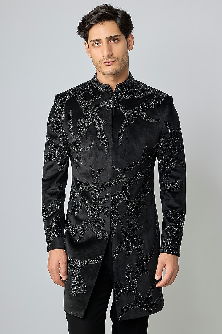Black Suede Cutdana Embroidered Wedding Indowestern Set by Nero By Shaifali & Satya at Pernia's Pop Up Shop