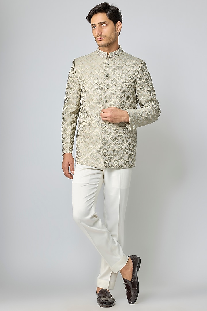 Green Silk Cutdana Embroidered Jodhpuri Set by Nero By Shaifali & Satya at Pernia's Pop Up Shop