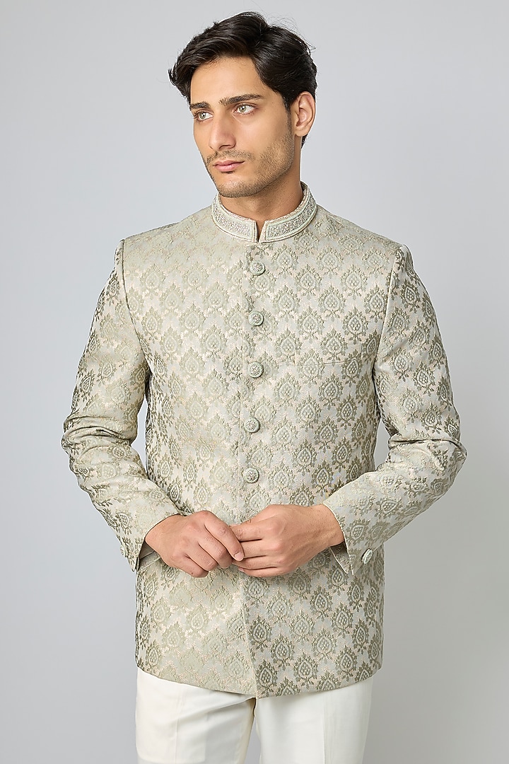 Green Silk Cutdana Embroidered Jodhpuri Set by Nero By Shaifali & Satya at Pernia's Pop Up Shop
