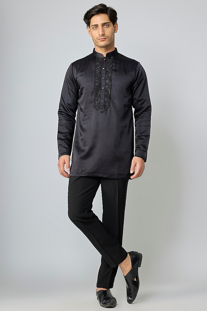 Black Silk Cutdana Embroidered Kurta Set by Nero By Shaifali & Satya at Pernia's Pop Up Shop