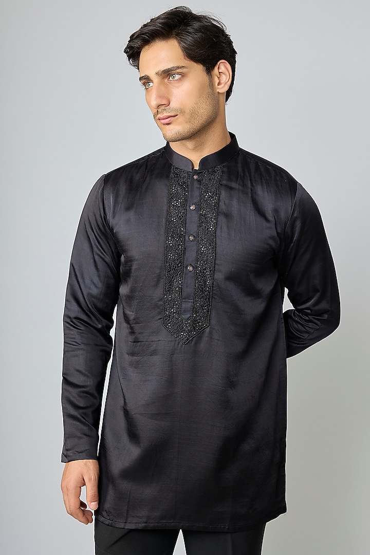 Black Silk Cutdana Embroidered Kurta Set by Nero By Shaifali & Satya at Pernia's Pop Up Shop