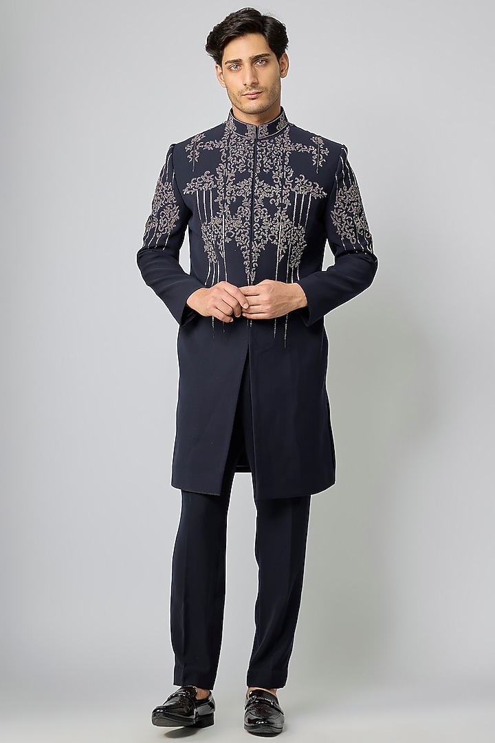 Blue Boomario Moti Embroidered Wedding Indowestern Set by Nero By Shaifali & Satya at Pernia's Pop Up Shop