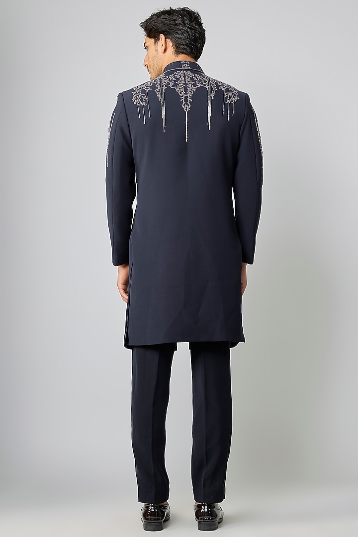 Blue Boomario Moti Embroidered Wedding Indowestern Set by Nero By Shaifali & Satya at Pernia's Pop Up Shop