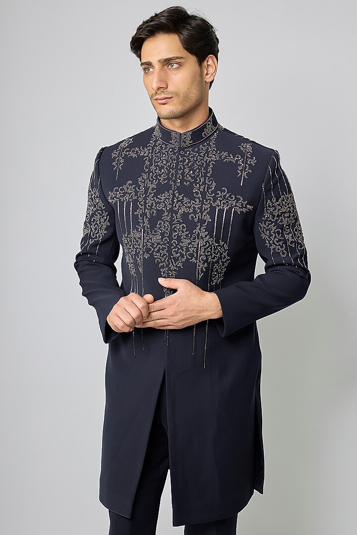 Blue Boomario Moti Embroidered Wedding Indowestern Set by Nero By Shaifali & Satya at Pernia's Pop Up Shop