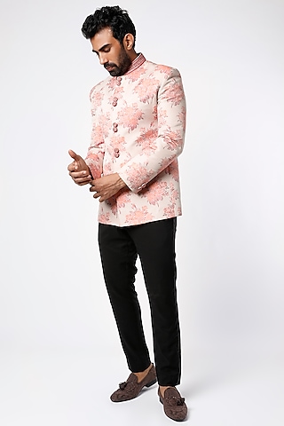 Peach Brocade Bandhgala Jacket Set by Nero by Shaifali & Satya