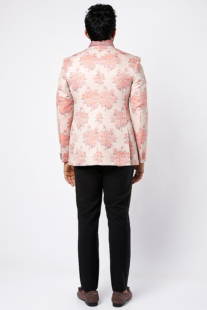 Peach Brocade Bandhgala Jacket Set by Nero by Shaifali & Satya at Pernia's Pop Up Shop