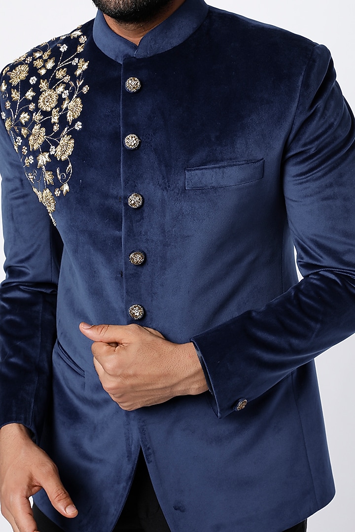 Cobalt Blue Suede Wedding Bandhgala Jacket Set by Nero by Shaifali & Satya at Pernia's Pop Up Shop