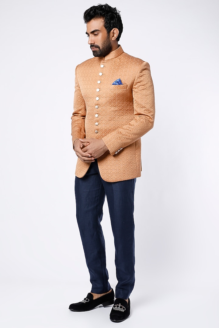 Rust Orange Textured Bandhgala Jacket Set by Nero by Shaifali & Satya at Pernia's Pop Up Shop