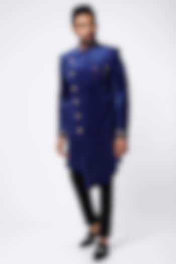 Cobalt Blue Hand Embroidered Indo Western Wedding Sherwani Set by Nero by Shaifali & Satya at Pernia's Pop Up Shop