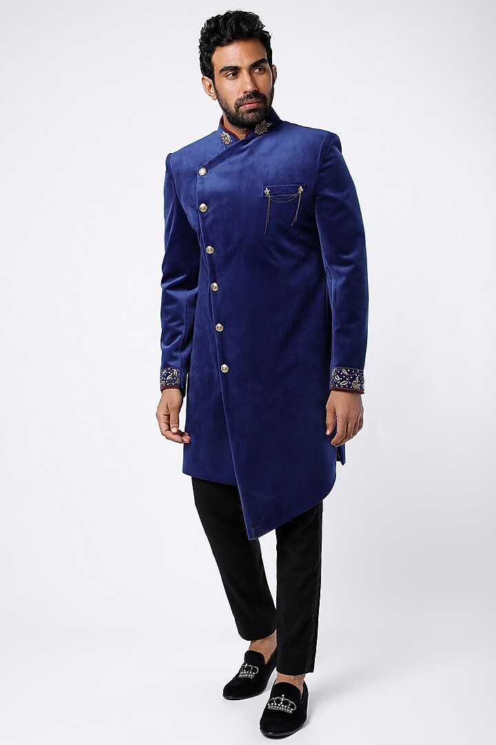 Cobalt Blue Hand Embroidered Indo Western Wedding Sherwani Set by Nero by Shaifali & Satya at Pernia's Pop Up Shop