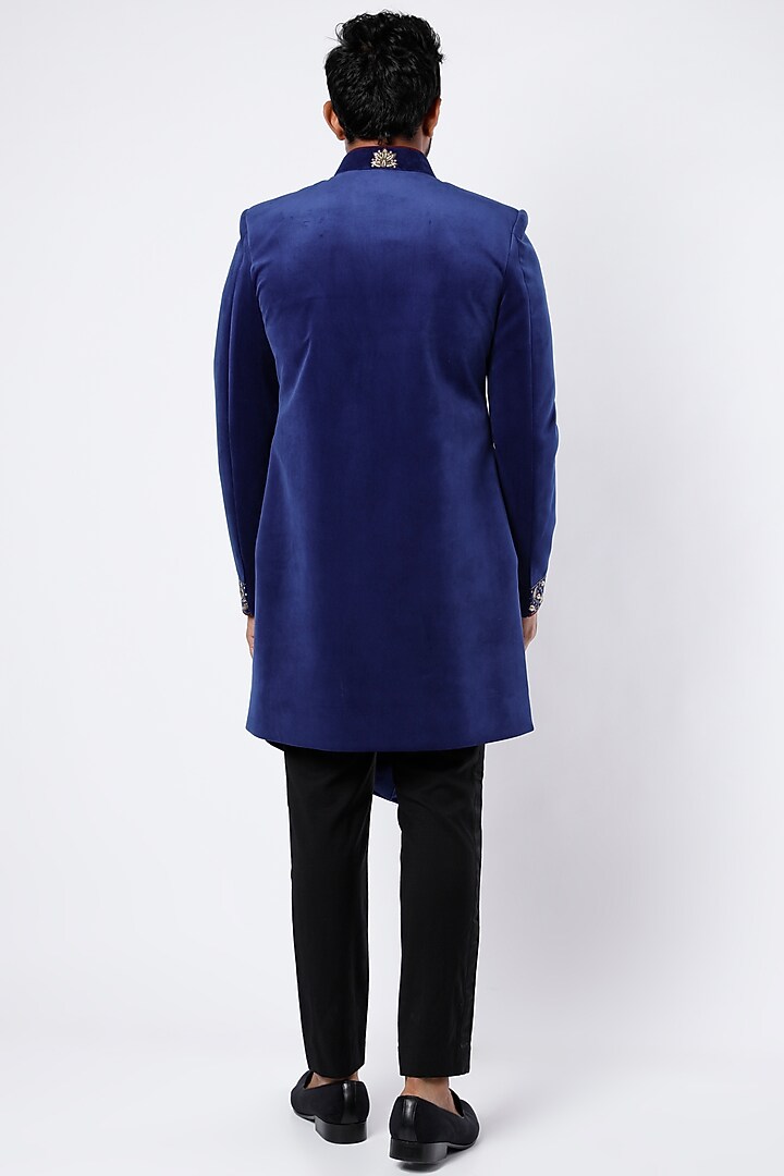 Cobalt Blue Hand Embroidered Indo Western Wedding Sherwani Set by Nero by Shaifali & Satya at Pernia's Pop Up Shop