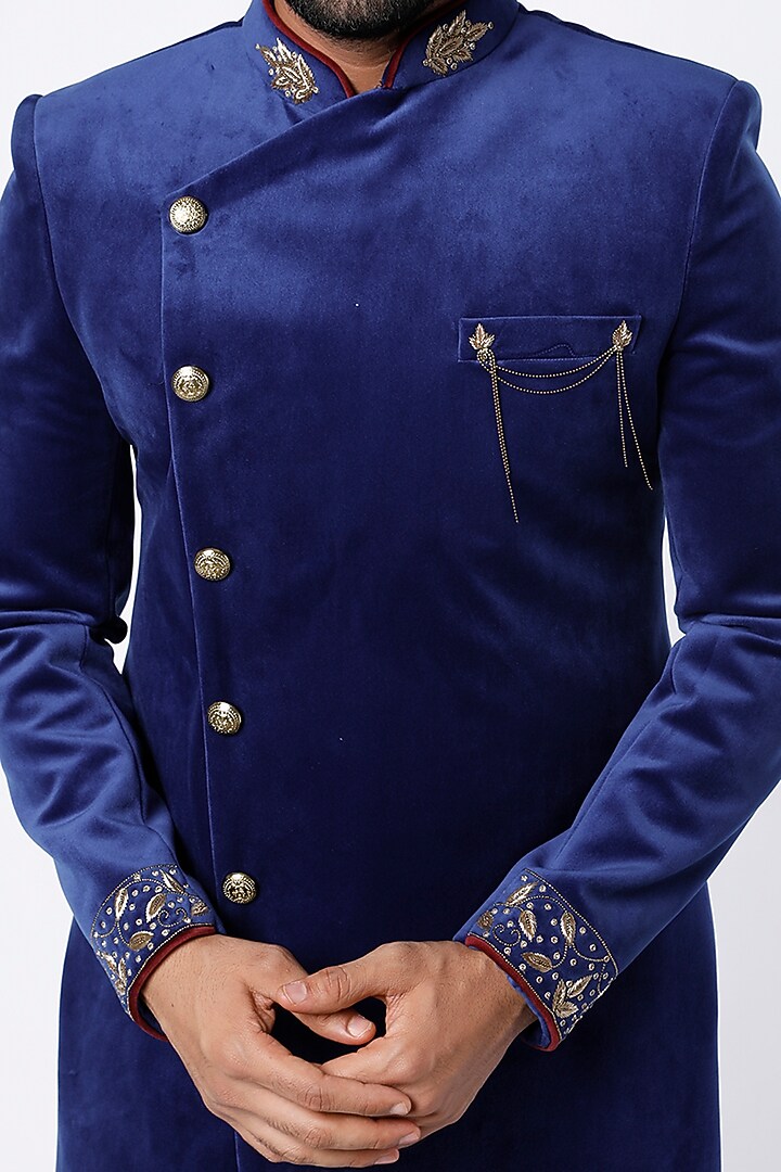 Cobalt Blue Hand Embroidered Indo Western Wedding Sherwani Set by Nero by Shaifali & Satya at Pernia's Pop Up Shop
