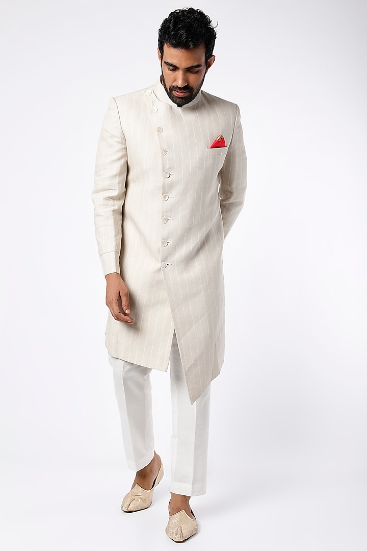 Cream Striped Indowestern Sherwani Set by Nero by Shaifali & Satya