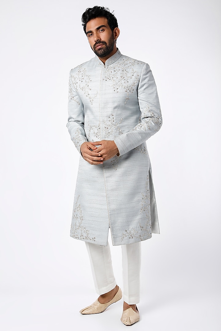 Pastel Blue Embroidered Indo Western Sherwani Set by Nero by Shaifali & Satya