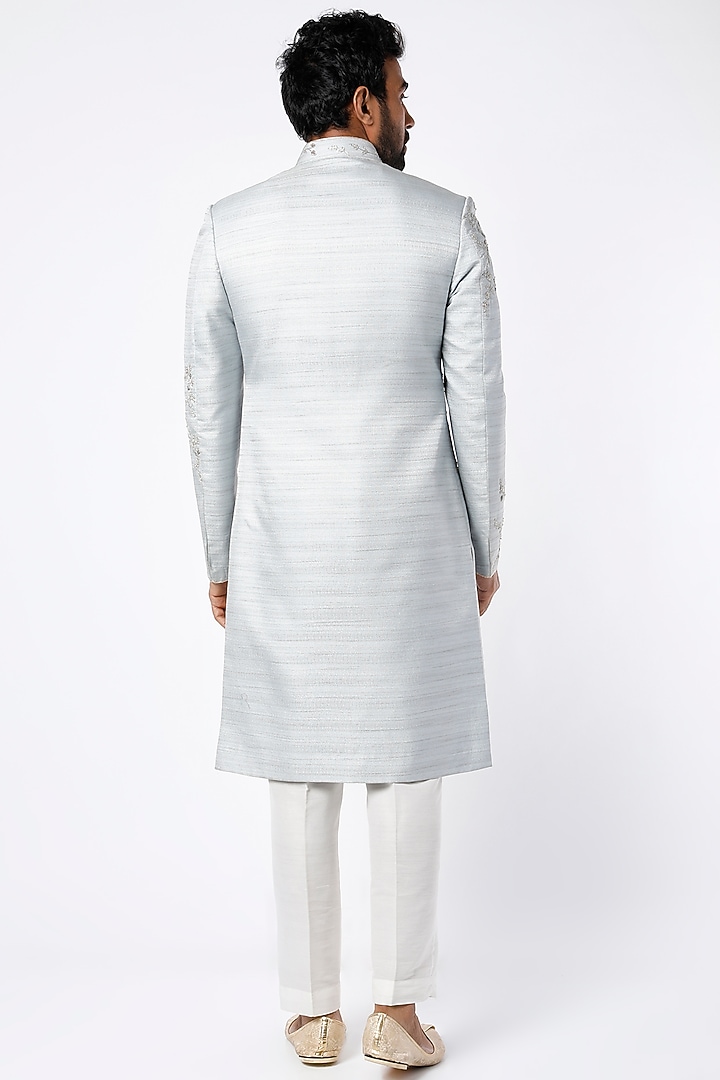 Pastel Blue Embroidered Indo Western Wedding Sherwani Set by Nero by Shaifali & Satya at Pernia's Pop Up Shop