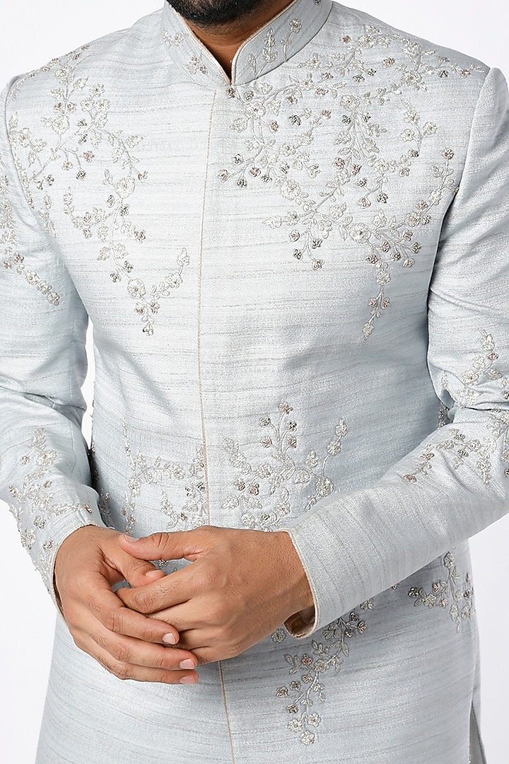 Pastel Blue Embroidered Indo Western Wedding Sherwani Set by Nero by Shaifali & Satya at Pernia's Pop Up Shop