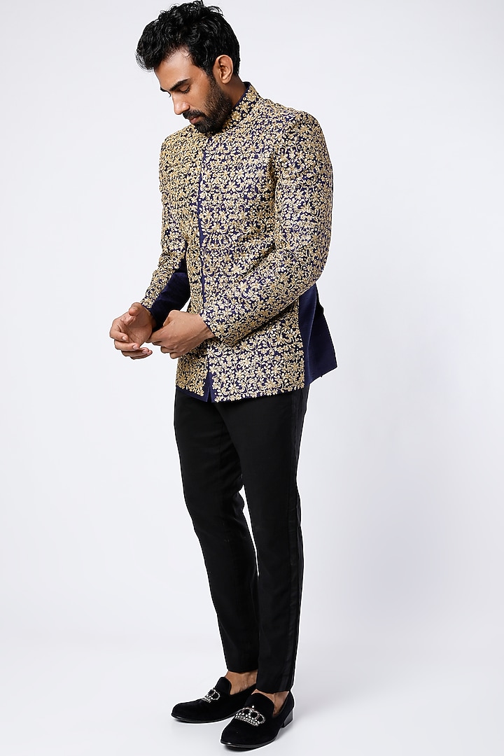 Dark Blue Machine Embroidered Wedding Bandhgala Jacket Set by Nero by Shaifali & Satya at Pernia's Pop Up Shop