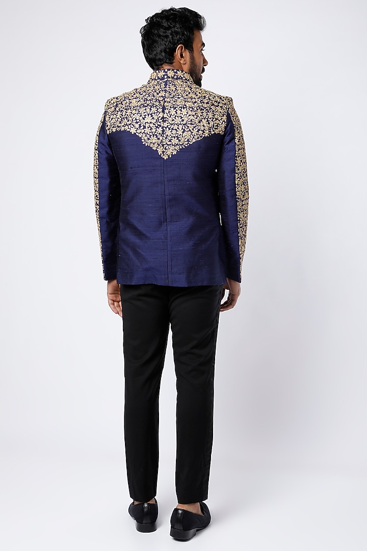 Dark Blue Machine Embroidered Wedding Bandhgala Jacket Set by Nero by Shaifali & Satya at Pernia's Pop Up Shop