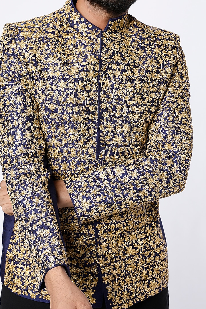Dark Blue Machine Embroidered Wedding Bandhgala Jacket Set by Nero by Shaifali & Satya at Pernia's Pop Up Shop