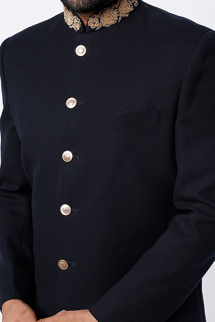 Midnight Blue Hand Embroidered Indo Western Wedding Sherwani Set by Nero by Shaifali & Satya at Pernia's Pop Up Shop