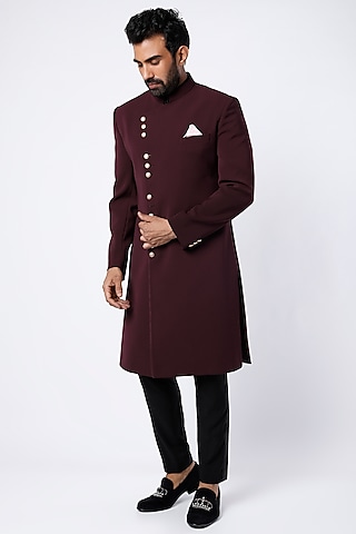 Wine Indowestern Asymmetrical Sherwani Set by Nero by Shaifali & Satya