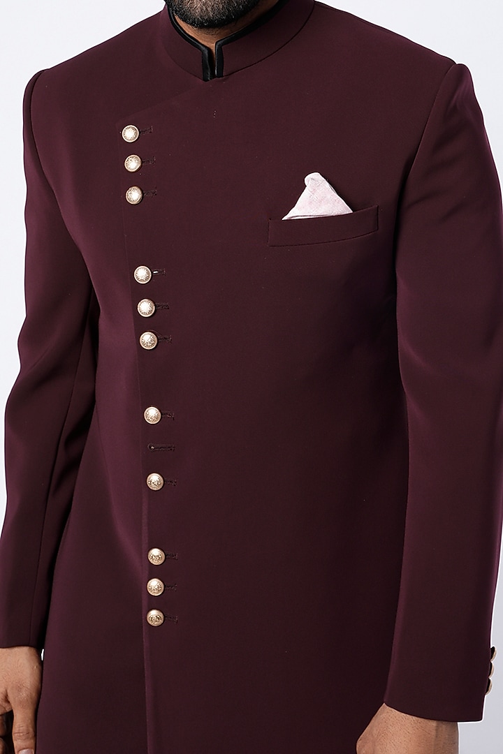 Wine Indowestern Asymmetrical Wedding Sherwani Set by Nero by Shaifali & Satya at Pernia's Pop Up Shop