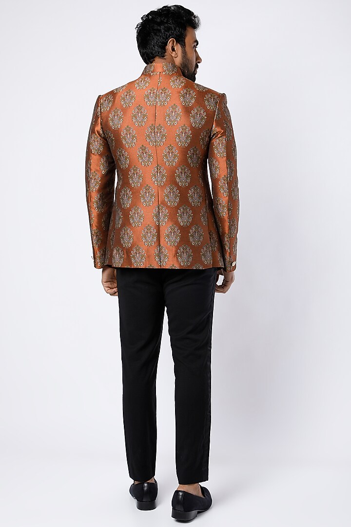 Orange Brocade Bandhgala Jacket Set by Nero by Shaifali & Satya at Pernia's Pop Up Shop