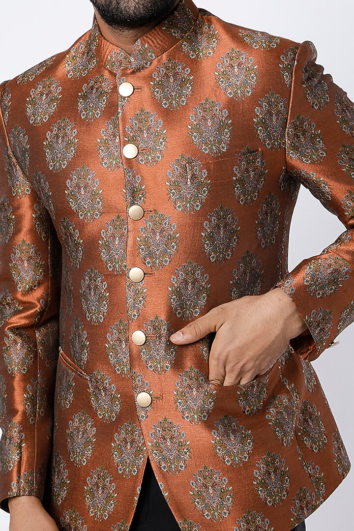 Orange Brocade Bandhgala Jacket Set by Nero by Shaifali & Satya at Pernia's Pop Up Shop