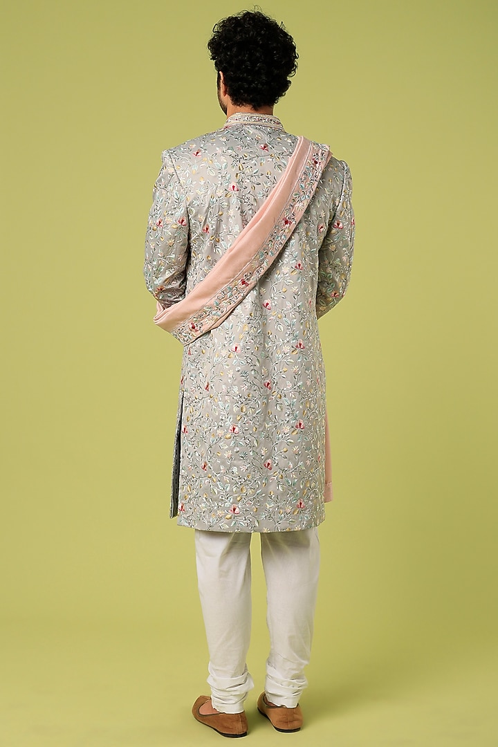 Grey Embroidered Nawabi Wedding Sherwani Set by Nero by Shaifali & Satya at Pernia's Pop Up Shop