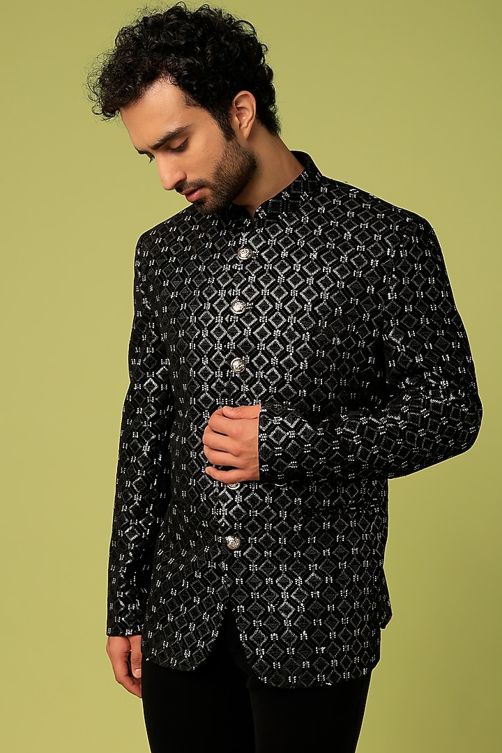 Black Embroidered Jodhpuri Set by Nero by Shaifali & Satya at Pernia's Pop Up Shop