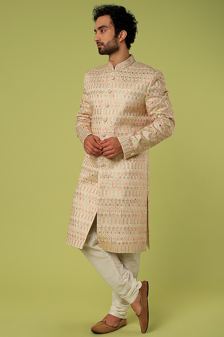 Beige Embroidered Wedding Sherwani Set by Nero by Shaifali & Satya at Pernia's Pop Up Shop