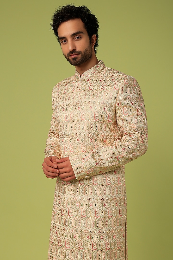 Beige Embroidered Wedding Sherwani Set by Nero by Shaifali & Satya at Pernia's Pop Up Shop