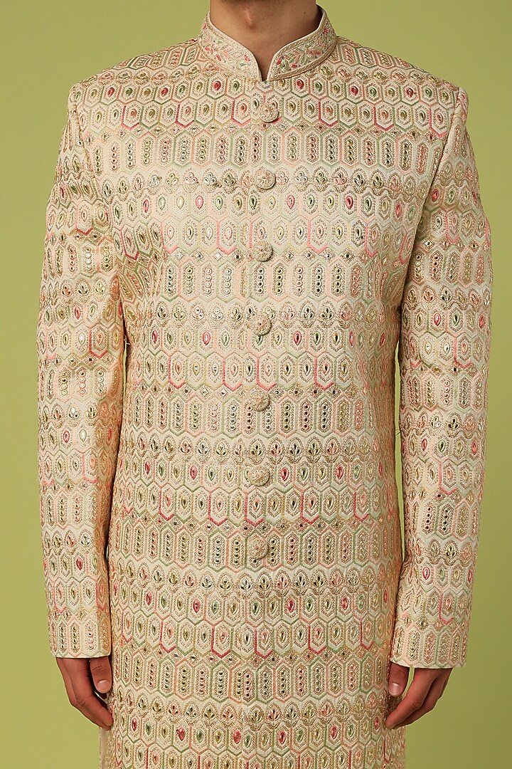 Beige Embroidered Wedding Sherwani Set by Nero by Shaifali & Satya at Pernia's Pop Up Shop