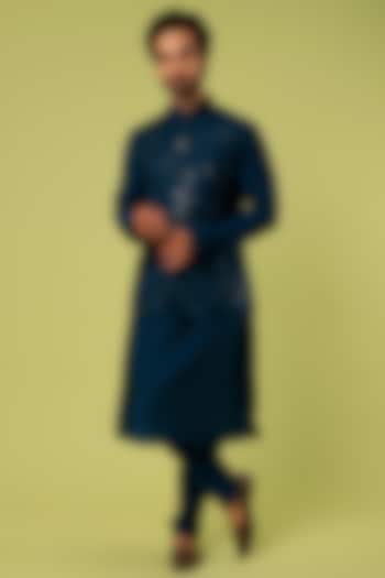 Teal Blue Dupion Silk Embroidered Bundi Jacket Set by Nero by Shaifali & Satya at Pernia's Pop Up Shop