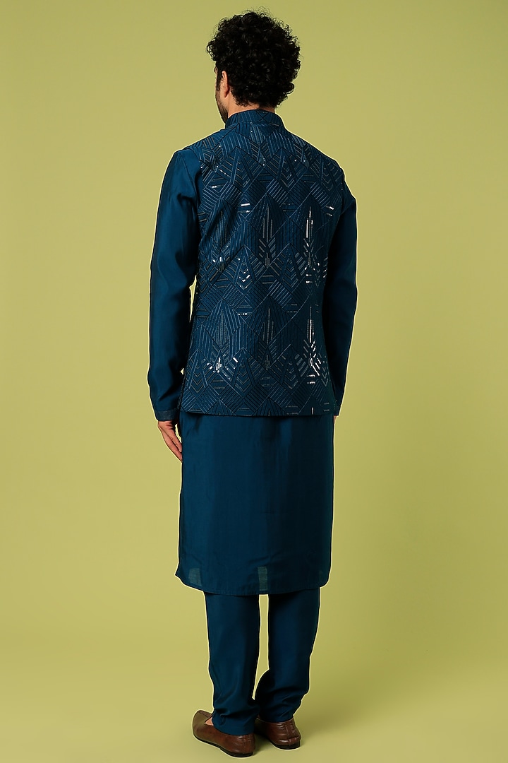 Teal Blue Dupion Silk Embroidered Bundi Jacket Set by Nero by Shaifali & Satya at Pernia's Pop Up Shop