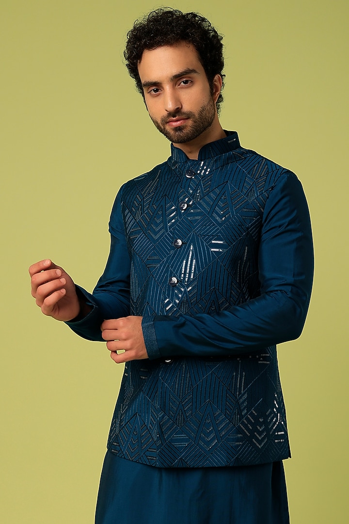 Teal Blue Dupion Silk Embroidered Bundi Jacket Set by Nero by Shaifali & Satya at Pernia's Pop Up Shop