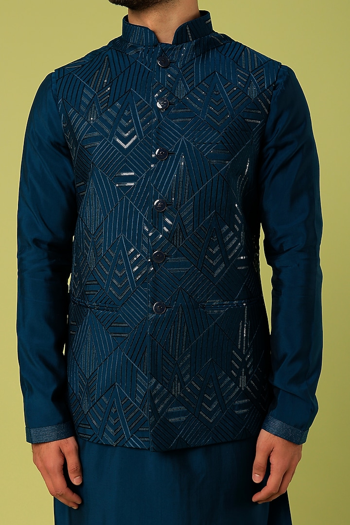 Teal Blue Dupion Silk Embroidered Bundi Jacket Set by Nero by Shaifali & Satya at Pernia's Pop Up Shop
