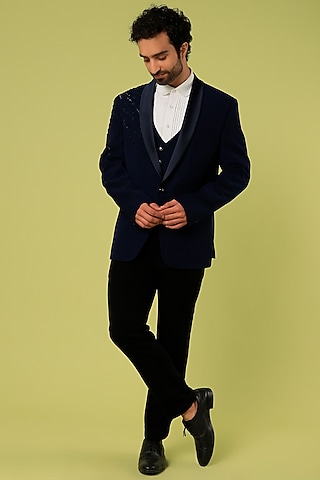 Navy Blue Suiting Tuxedo Set by Nero by Shaifali & Satya