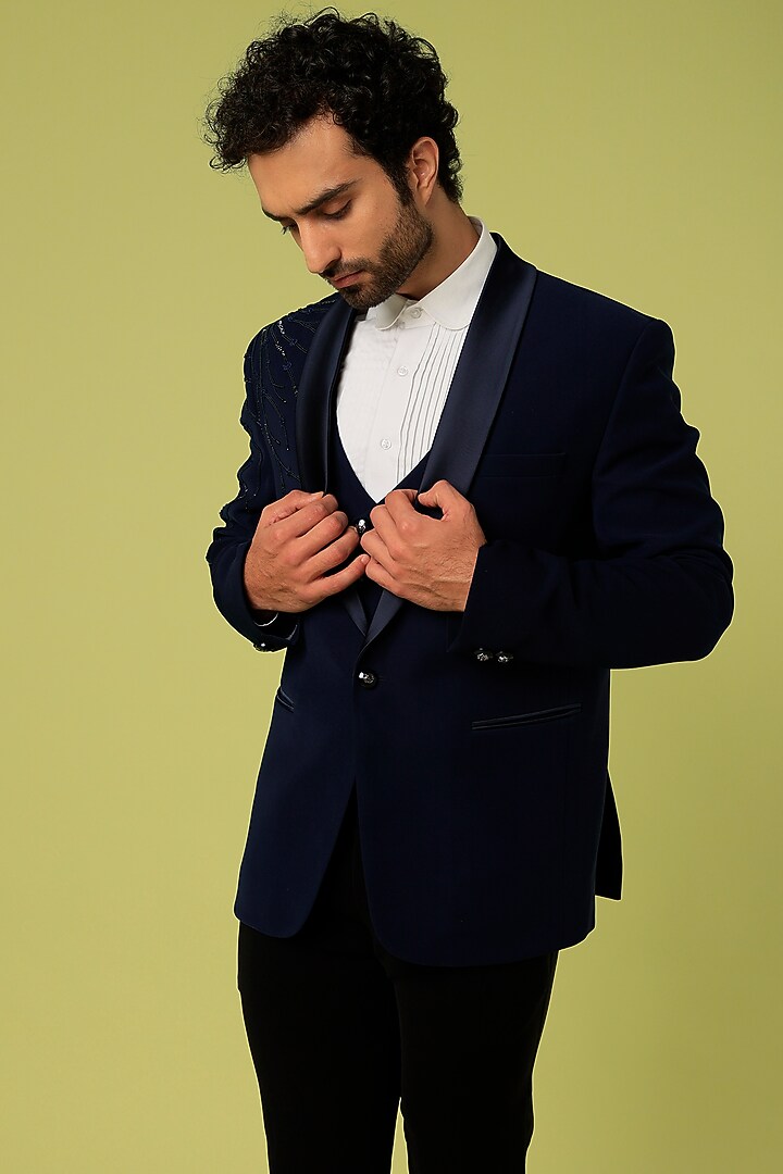 Navy Blue Suiting Tuxedo Set by Nero by Shaifali & Satya at Pernia's Pop Up Shop